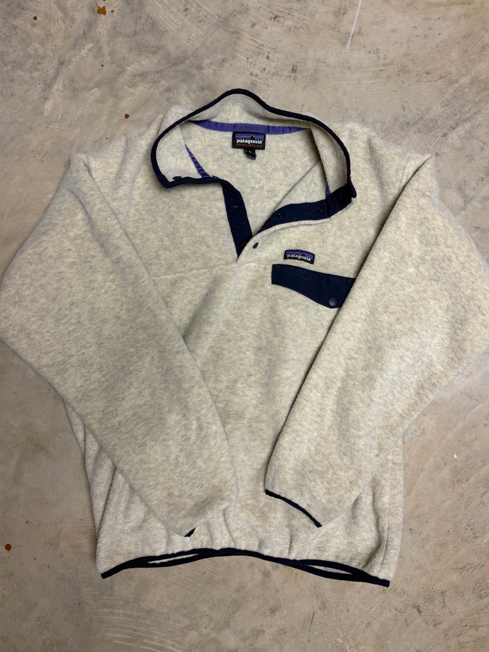 Patagonia Cream Fleece Pullover with Navy Trim